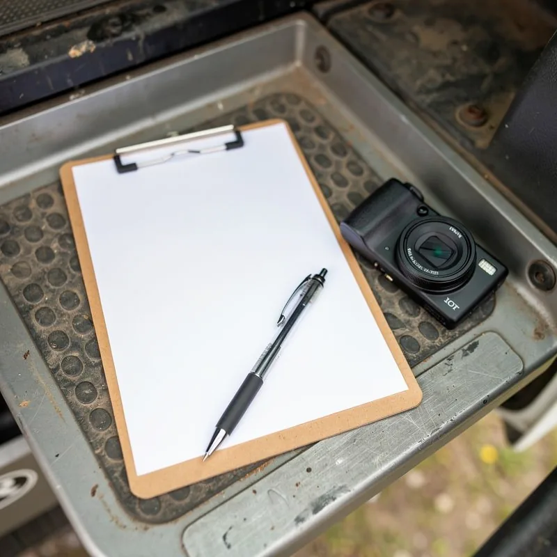 Podložka s prázdnym tlačivom protokolu a fotoaparát položené na schodíku kabíny ťahača